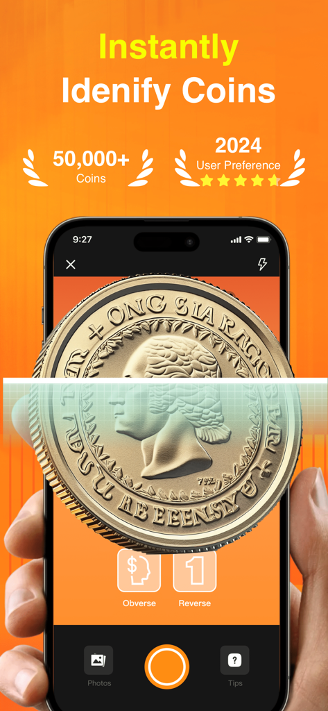 A smartphone interface scanning a large gold coin to instantly identify its type and value.