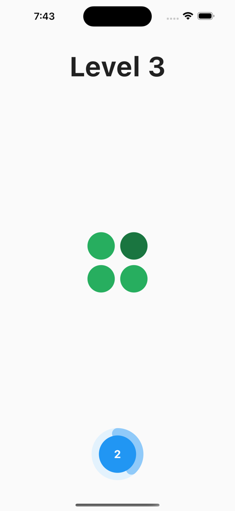 Color Guess - Vision Test - Color Guess視力検査のゲームプレイ画面。レベル3が表示され、4つの緑色の円とカウントダウンタイマーがある。