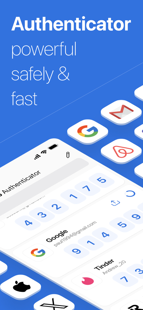 カスタムアイコンとモダンな青いインターフェイスを備えた、さまざまなアカウントの2FA認証コードの表示