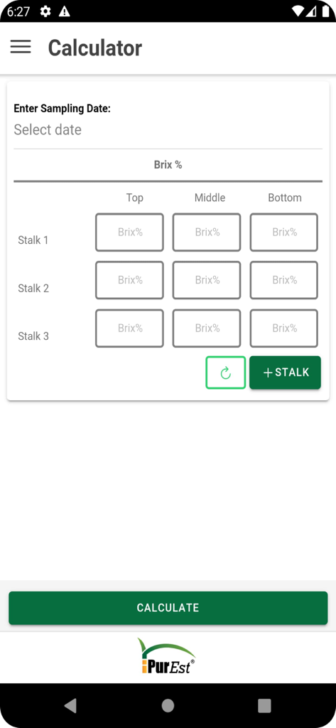 PurEst® - PurEst sugarcane brix percentage calculator interface
