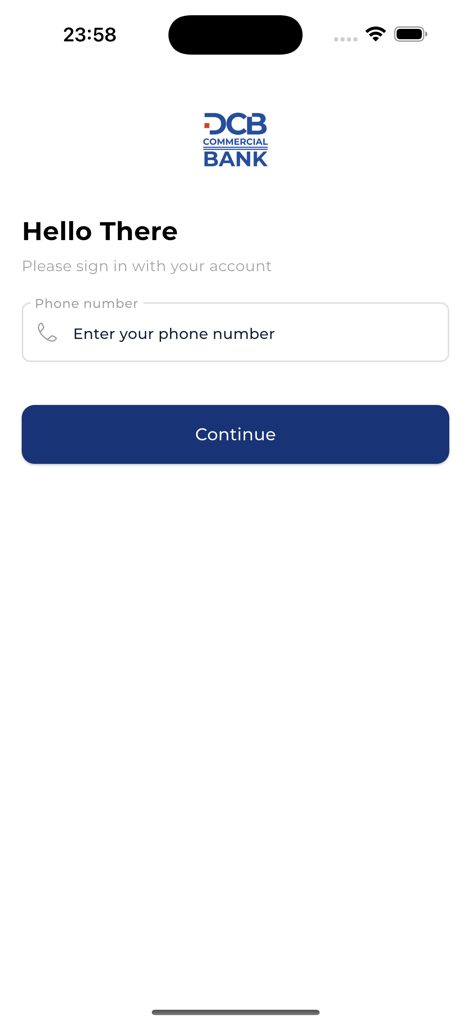 DCB Pesa Plus - Interfaz de inicio de sesión de la aplicación de banca móvil DCB Pesa Plus que muestra un campo de entrada de número de teléfono y un botón de continuar.