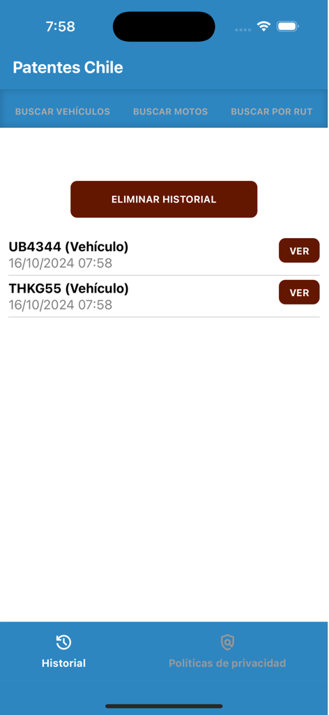 History screen of the Buscar Patentes Chile app showing recent vehicle lookups