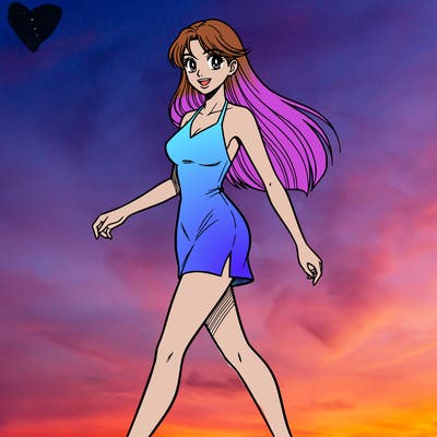 she has straight long flowy hair wwith an inverted triangle body shape is tall and wearing a mini dress that is a halter neck and a slight left split