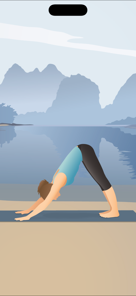 Pocket Yoga - Illustration of the downward facing dog yoga pose in front of a mountain landscape.