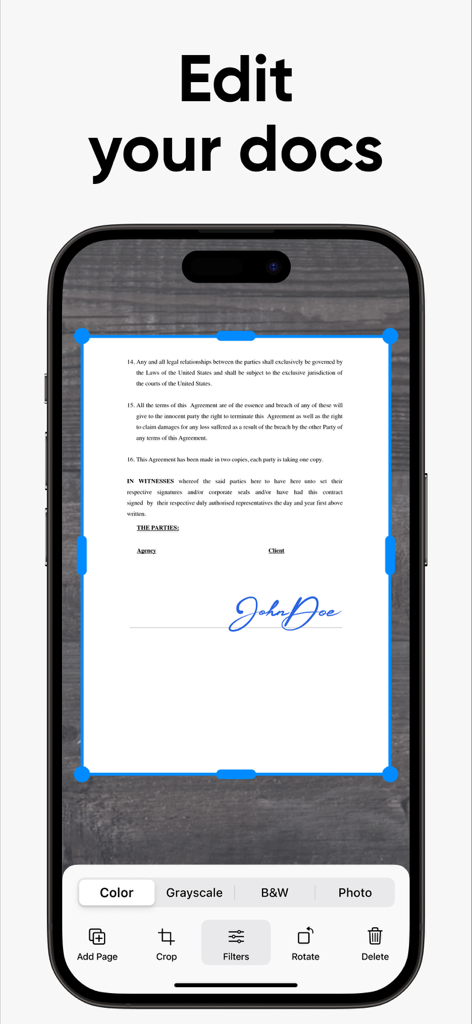 Captura de pantalla de iPhone de eSign App mostrando funciones de edición y recorte de documentos.