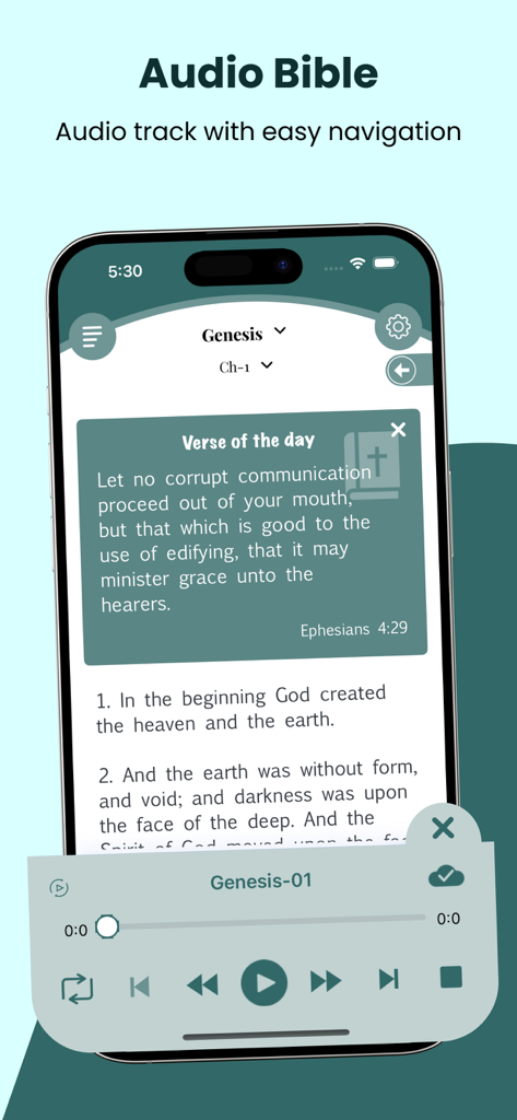 KJV Bible Audio - Holy Version - Interfaz de la aplicación Audio Biblia KJV con un reproductor de audio y el libro de Génesis