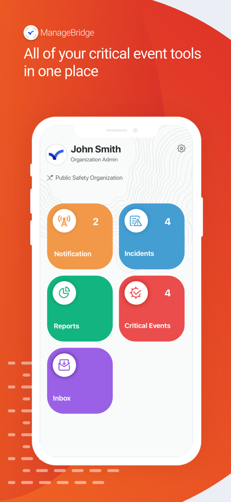 ManageBridge - ManageBridge app dashboard displaying tiles for notifications incidents reports and critical events on a mobile phone