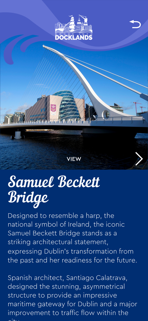 Dublin Discovery Trails - A mobile app screen featuring the Samuel Beckett Bridge with historical and architectural information as part of the Doors into Docklands trail.