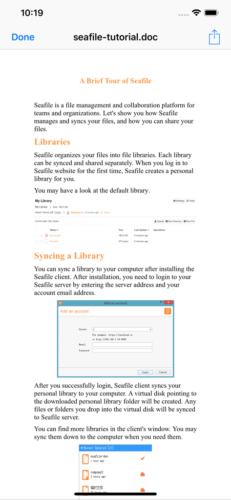 Seafile Pro - Un documento tutorial dentro de la aplicación Seafile Pro que explica la gestión de bibliotecas de archivos y los procedimientos de sincronización.