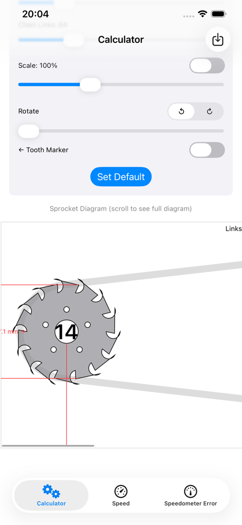 Chain & Sprocket Calculator - Interactive sprocket diagram and mechanical controls in the mobile app interface