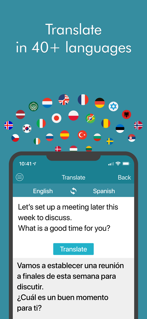 Ginger Writer - Ginger Writer app interface showing English to Spanish translation with various national flags