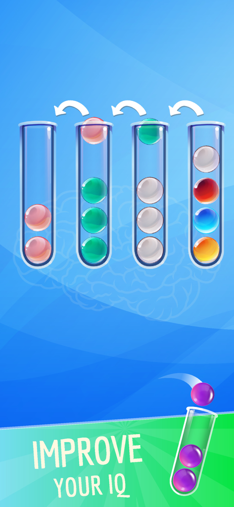A brain training puzzle game showing colored balls being sorted into glass tubes to improve logic and IQ