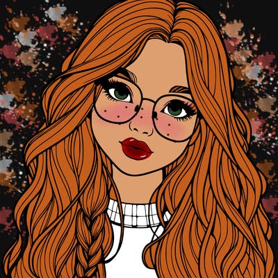girl with long hair and freckles and glasses realistic