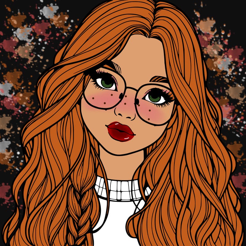 girl with long hair and freckles and glasses realistic