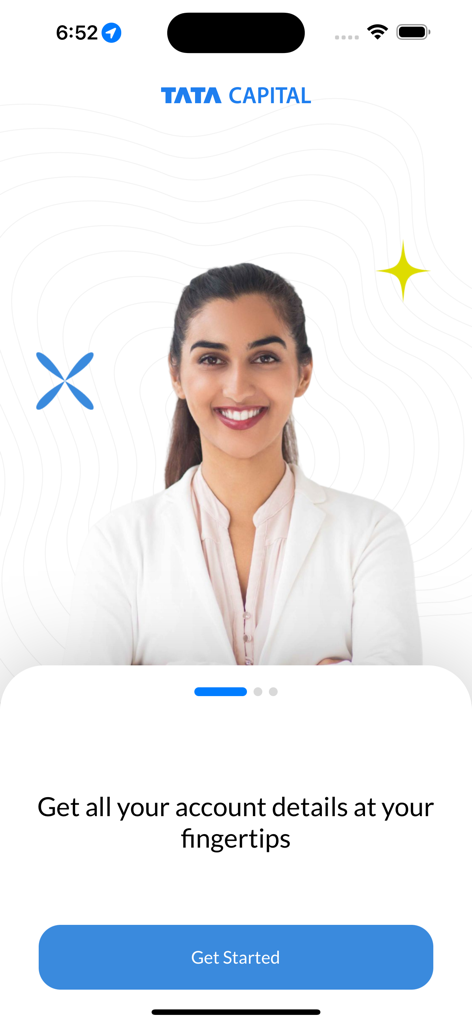 Tata Capital Loan and Wealthアプリのウェルカムスクリーン。プロの女性と「開始」ボタンが表示されています。