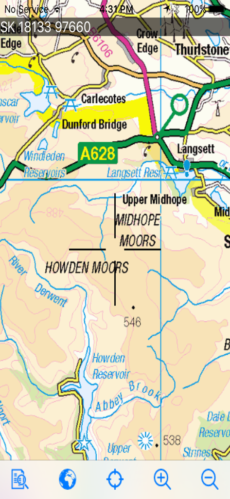MX Map Mobile - MX Map Mobile app interface displaying a detailed Ordnance Survey topographic map with coordinates and navigation tools