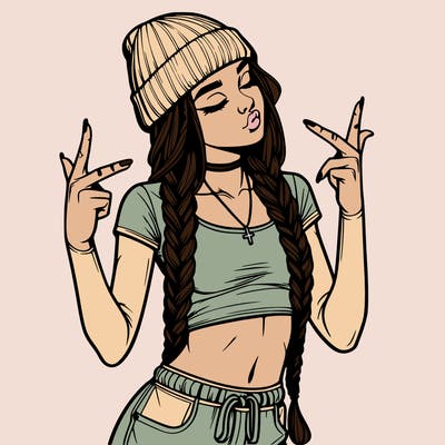 realistic teenage girl with braids and a beanie and crop top doing 🫶🏼