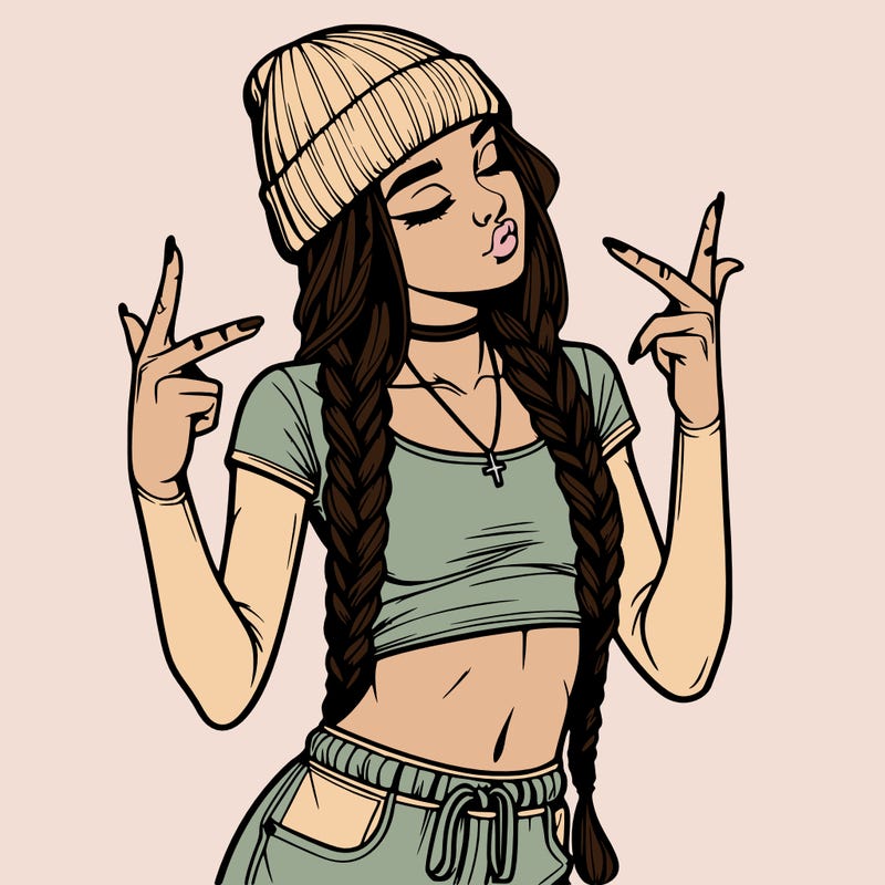 realistic teenage girl with braids and a beanie and crop top doing 🫶🏼