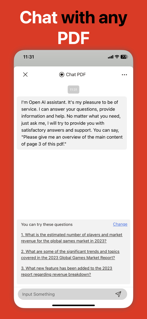 PDF Editor : PDF Reader,Signer - ドキュメントを要約するためのPDF EditorアプリのAIチャット機能のインターフェース