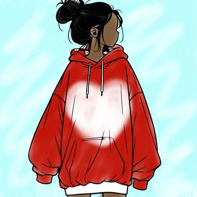 realistic girl with a oversized sweatshirt on and a bun