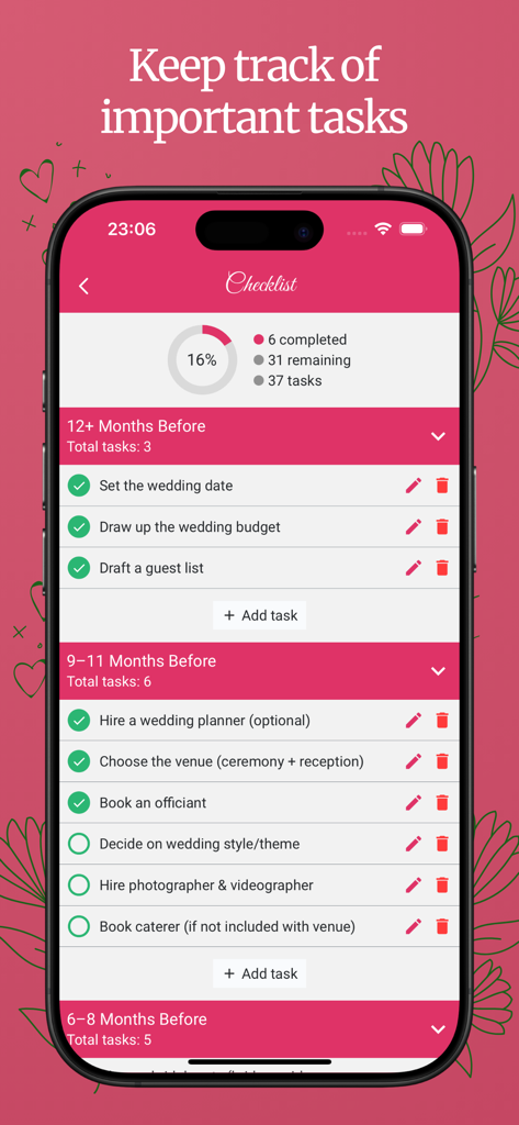 Schermata della checklist nuziale con attività organizzate per mese e un indicatore di progresso.