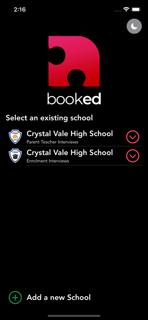 Booked (Previously PTO) - Booked app screen showing options to select a school for parent teacher or enrolment interviews.