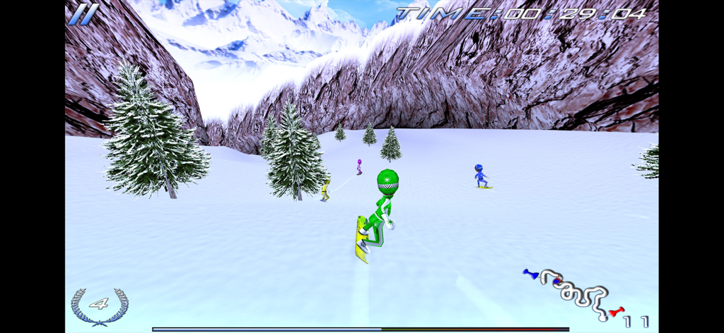 Snowboard Racing Ultimate - Un snowboarder 3D con traje verde compitiendo en una pista nevada con otros jugadores y pinos