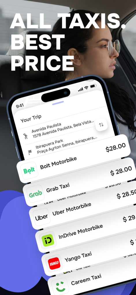 HeyTaxi: Taxi Aggregator - HeyTaxi mobile app interface showing a price comparison between various ride sharing services like Bolt Grab and Uber.