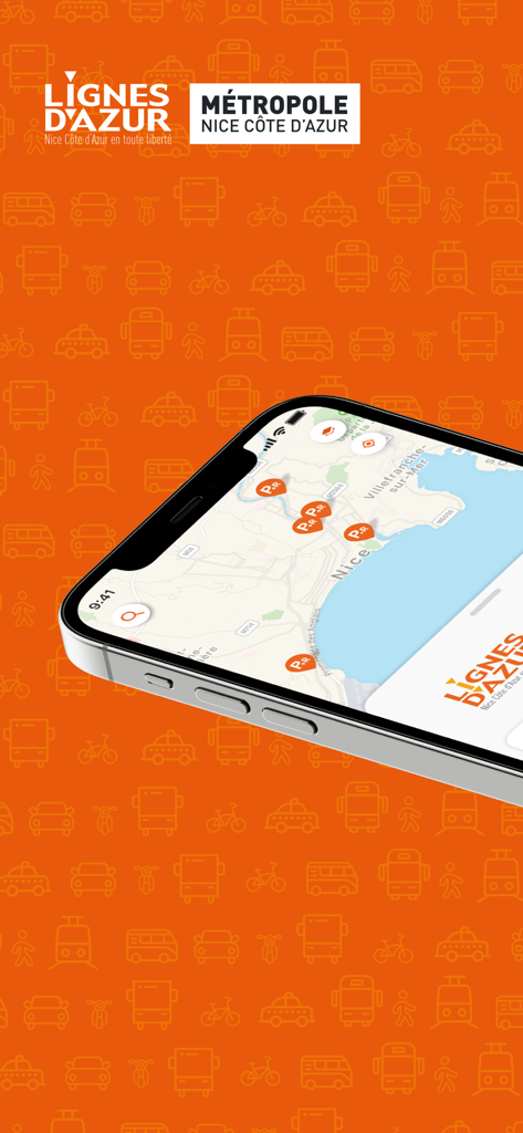 Lignes d'Azur Mobileアプリのインターフェース。iPhoneにニースの交通地図が表示されています。