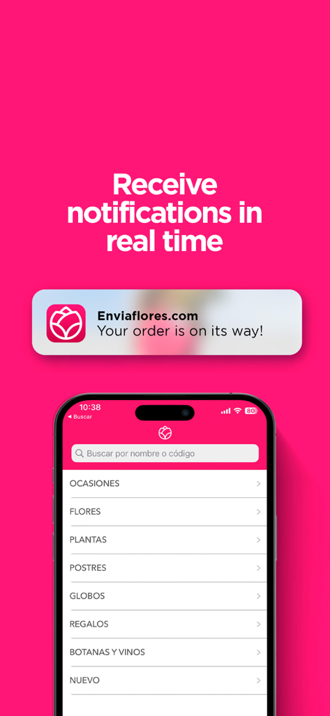Interfaz de la aplicación Enviaflores que muestra una notificación de seguimiento de pedido en tiempo real en un smartphone.