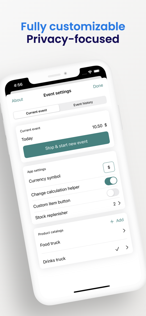 Tela de configurações personalizáveis de eventos para o aplicativo móvel Register Helper.