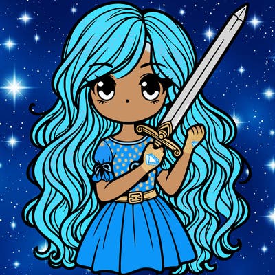 a girl with long curly hair holding a sword