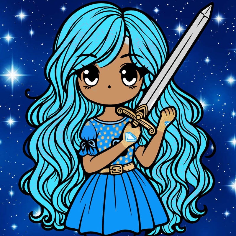 a girl with long curly hair holding a sword