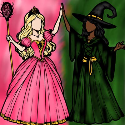 detailed realistic split of a princess and a witch