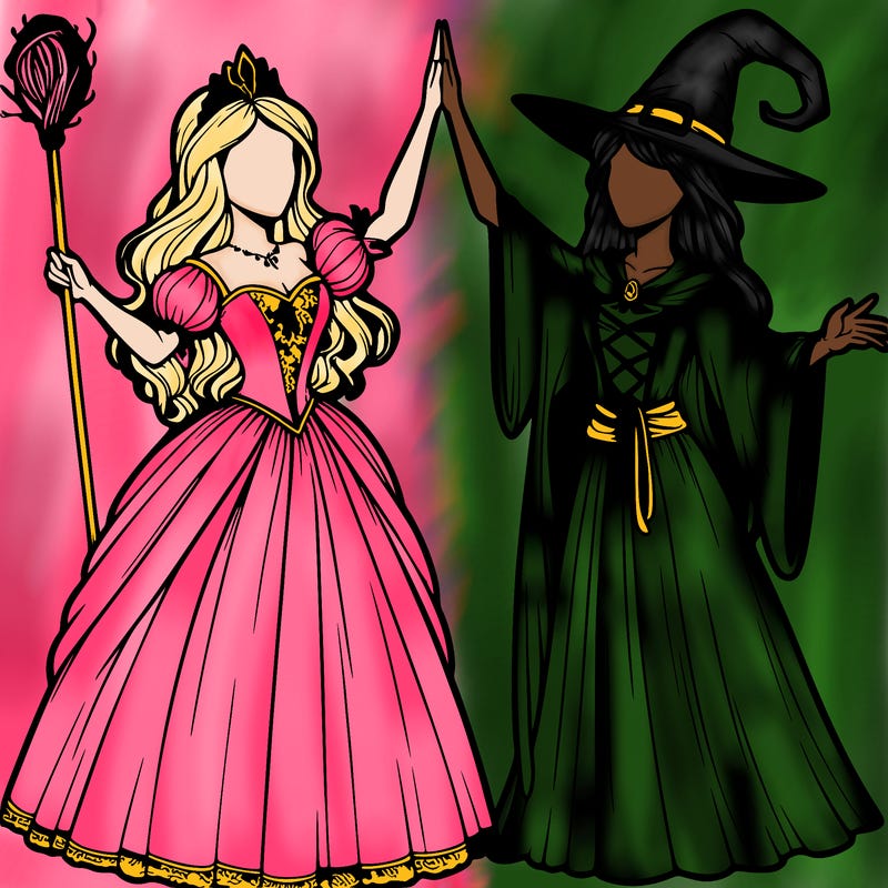 detailed realistic split of a princess and a witch