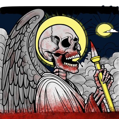 a realistic angle with a skull as a head with a beautiful background