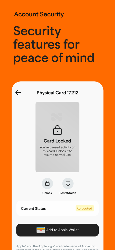 Netspend - Netspendアプリのインターフェースには、アカウントのセキュリティ設定と安心のためのロックされた物理カードが表示されています。