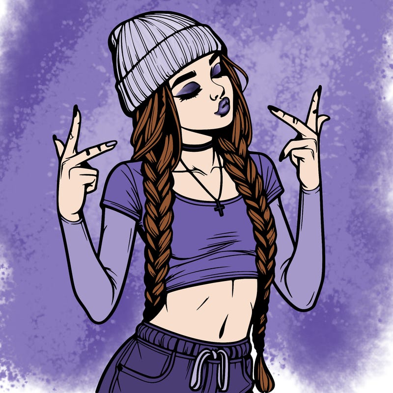 realistic teenage girl with braids and a beanie and crop top doing 🫶🏼
