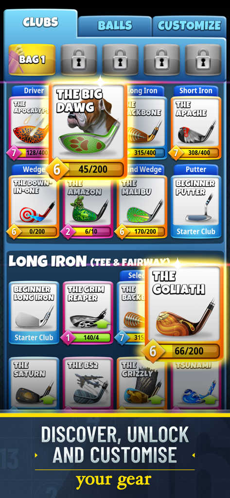 Golf Clash in-game menu displaying a variety of collectible and upgradable golf clubs.