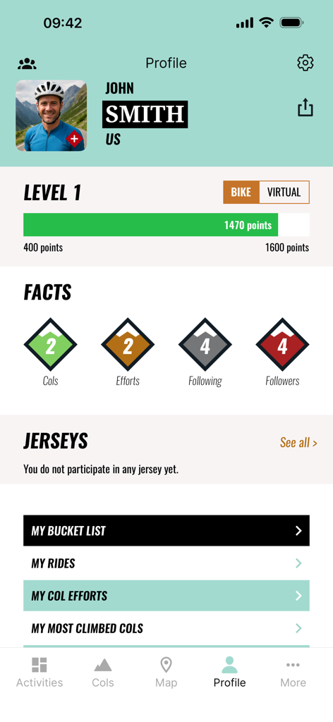 myCols - your cycling climbs - A mobile app user profile screen for myCols displaying a cyclist's level progress, climbing stats, and bucket list.