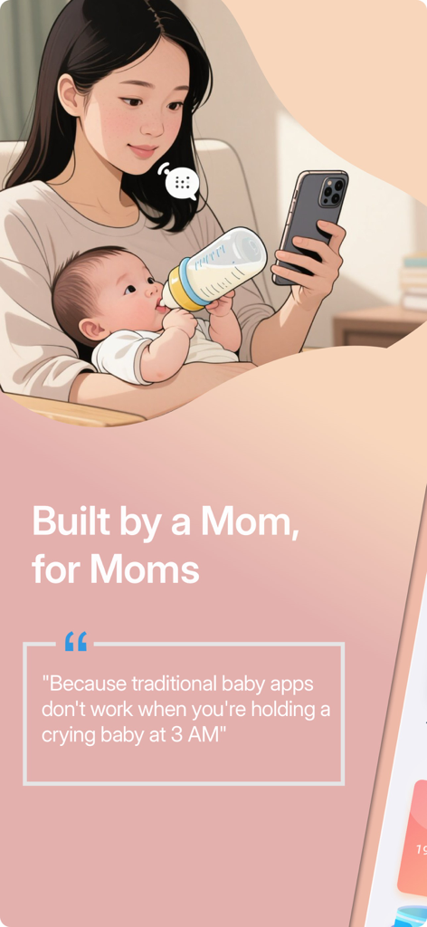 Bloom Baby Tracker - Auto Log - An illustration of a mother feeding a baby while using a smartphone