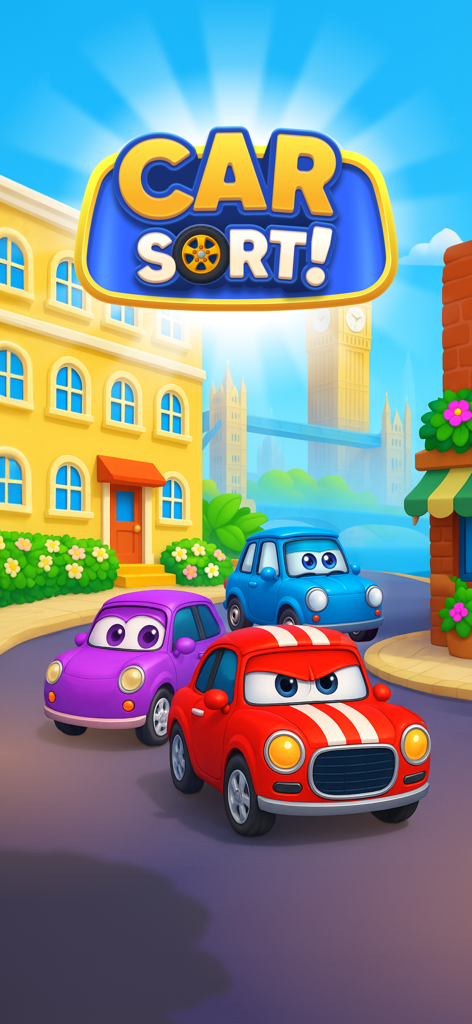 Car Sort · - Coches de dibujos animados coloridos con ojos en una calle de la ciudad bajo el logo del juego Car Sort