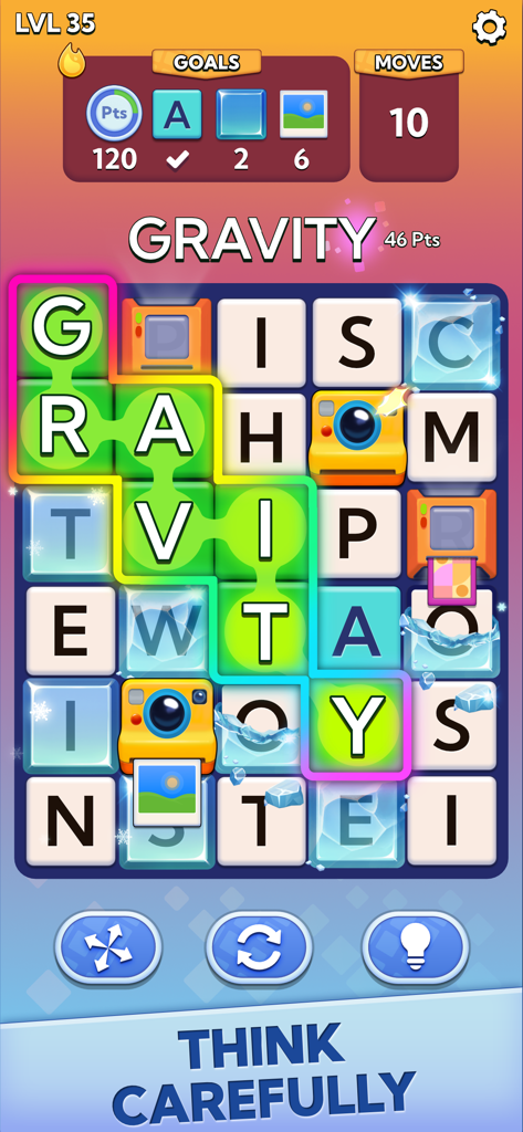 Word Blast - Connect & Solve - A word connect gameplay screen from Word Blast showing the word GRAVITY highlighted on a grid of letters.