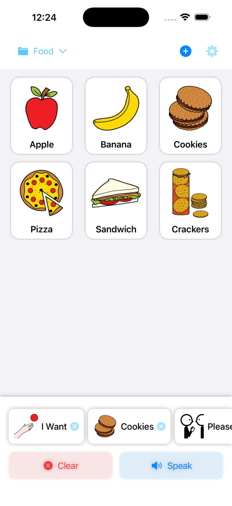 My Voice AAC - Interface of My Voice AAC app showing food category tiles and a sentence being built at the bottom.