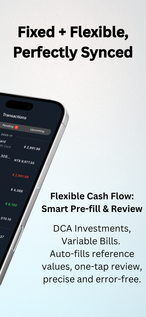 Schermata dell'app Synx che mostra la gestione delle transazioni e il monitoraggio flessibile del flusso di cassa per investimenti e fatture
