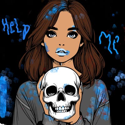 realistic girl holding a skull