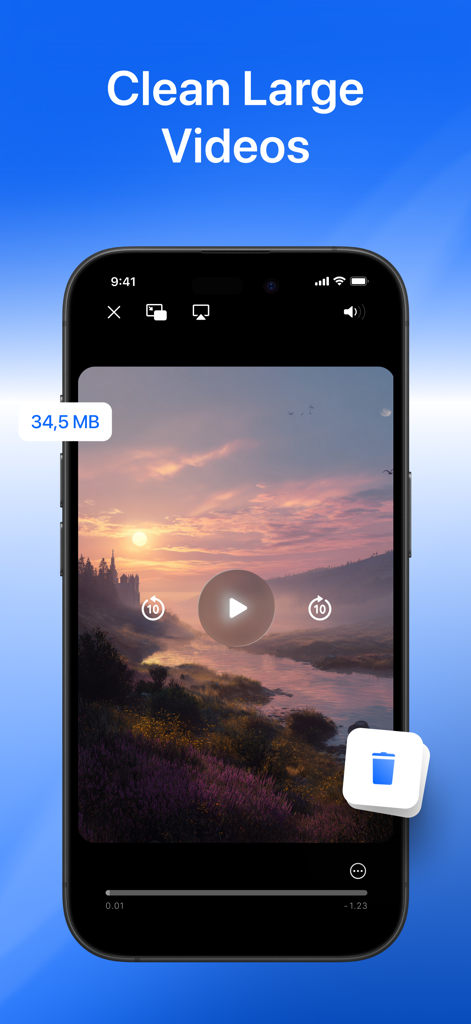 Clean Up Storage · - iphone screen showing the clean up storage app interface for reviewing and deleting large video files to save space