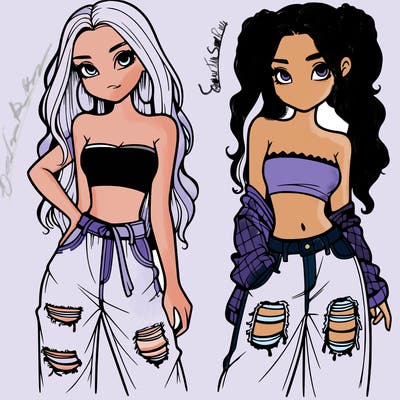 2 girls in crop tops and baggy jeans ripped