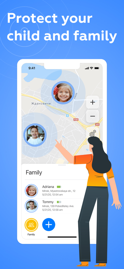 Family Link for Parents - Interfaz de la aplicación Family Link para Padres que muestra la ubicación en tiempo real de los miembros de la familia en un mapa