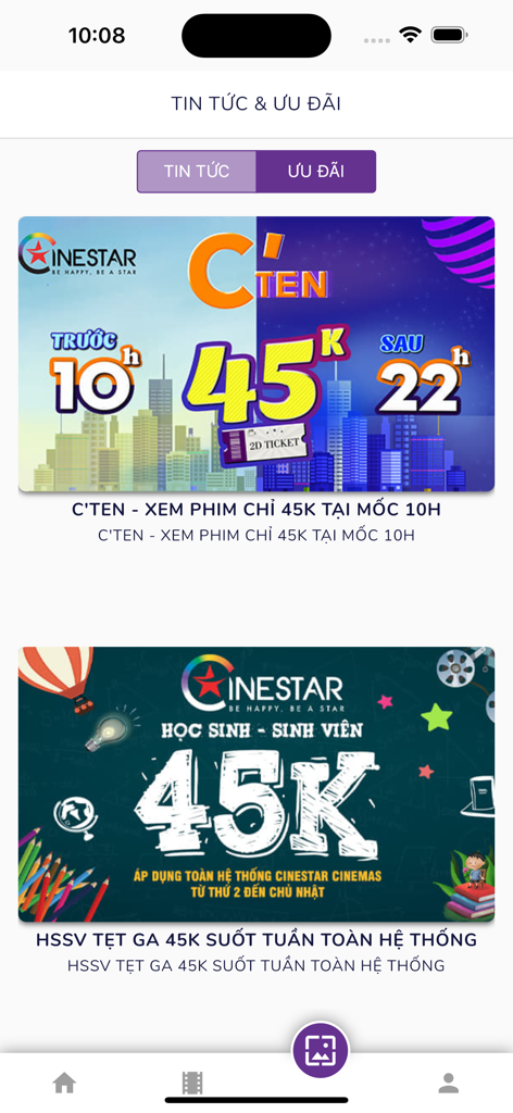 Cinestar app display showing movie ticket news and promotional discounts for students in Vietnam